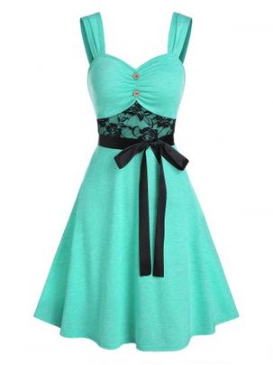 Lace Insert Mock Button Belted Dress