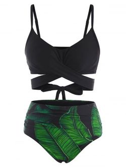 Criss Cross Tropical Leaf Tummy Control Bikini Swimwear - BLACK - S
