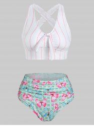 Ensemble de Bikini Rayé à Imprimé Papillon Découpé Matelassé - Vert clair XXL