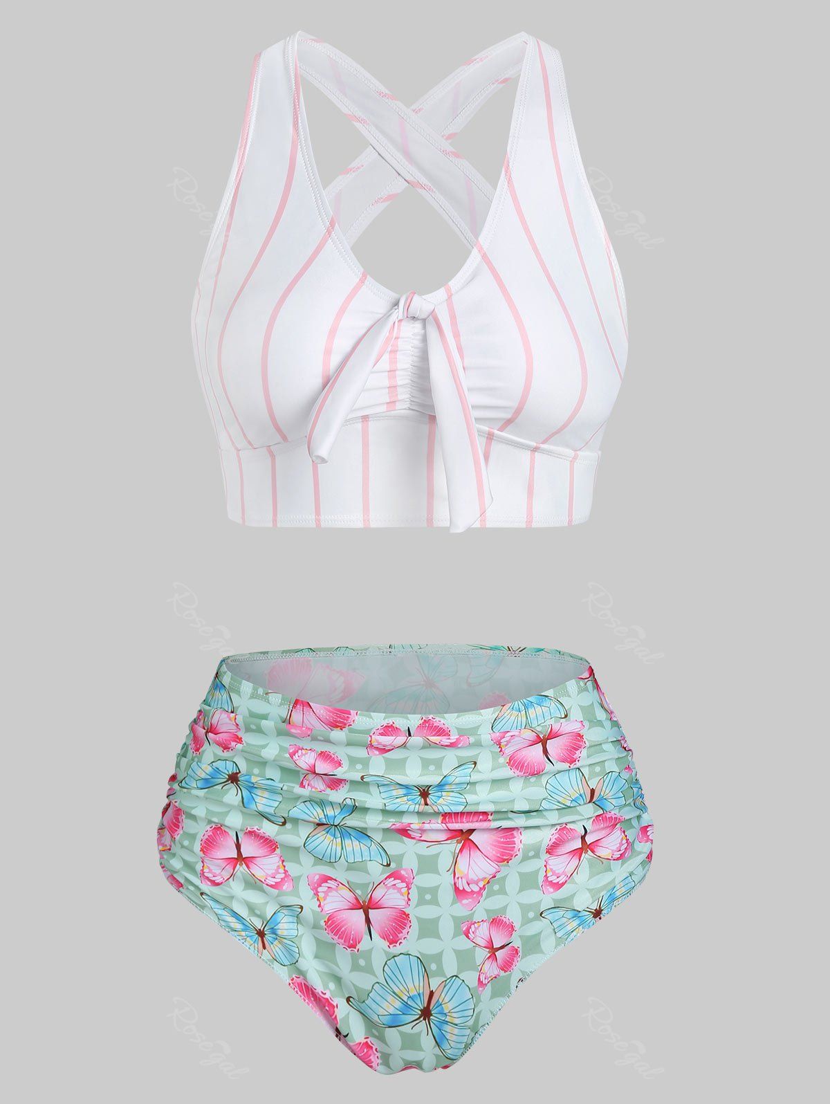 Ensemble de Bikini Rayé à Imprimé Papillon Découpé Matelassé Vert clair XXL