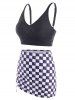 Maillot de Bain Tankini Croisé à Carreaux à Volants Trois Pièces - Noir L