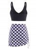 Crisscross Checkered Ruched Cinched Three Piece Tankini Swimwear -  