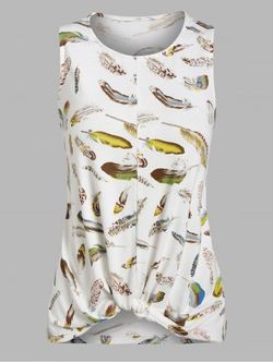 Twist Front Feather Print Tank Top - WHITE - M