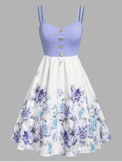Plus Size Floral Print Buttons Strappy 50s Dress - PURPLE - 1X