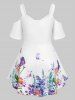 Plus Size Butterfly Flower Print Cold Shoulder Twisted T Shirt -  