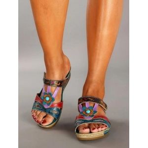 

Ethnic Hollow Flower Slides Sandals, Macaw blue green