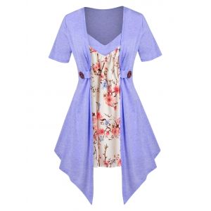 

Plus Size Faux Twinset Floral Print Irregular Tee, Light blue