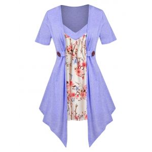

Plus Size Faux Twinset Floral Print Irregular Tee, White
