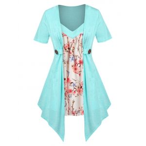 

Plus Size Faux Twinset Floral Print Irregular Tee, Light green