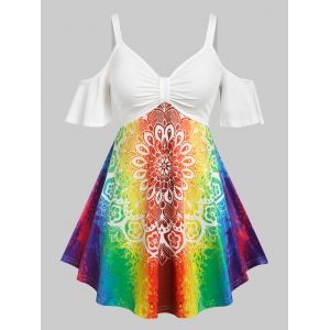 

Plus Size Rainbow Flower Cold Shoulder Knotted T Shirt, Multi