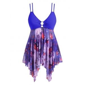 

Plus Size O-ring Butterfly Print Mesh Panel Tankini Swimwear, Blue