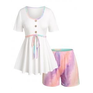 

Plus Size Tie Dye Short Sleeve PJ T-shirt and Shorts Set, White