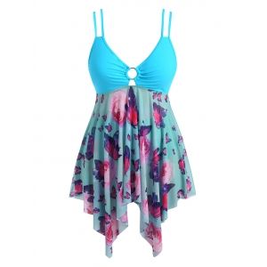 

Plus Size O-ring Butterfly Print Mesh Panel Tankini Swimwear, Light blue