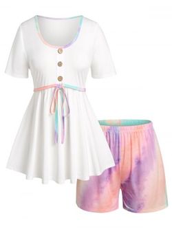 Plus Size Tie Dye Short Sleeve PJ T-shirt and Shorts Set - WHITE - 2X