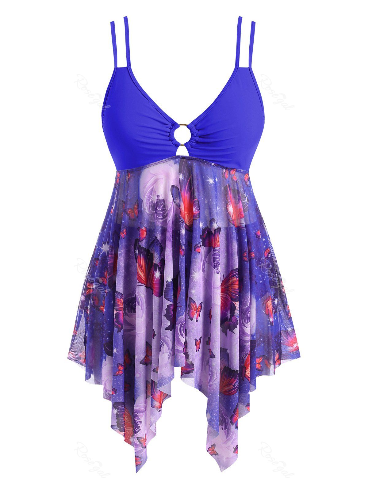 Outfit Plus Size O-ring Butterfly Print Mesh Panel Tankini Swimwear  
