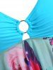 Plus Size O-ring Butterfly Print Mesh Panel Tankini Swimwear -  