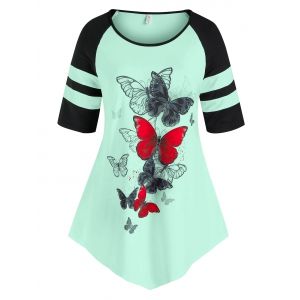 

Plus Size Butterfly Contrast Binding Raglan Sleeve Tee, Light green