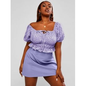 

Plus Size Tiny Floral Tie Collar Peplum Top and Skirt Set, Light purple