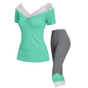 

Mock Button Contrast Lace Insert Ruched Lounge Pants Set, Light green