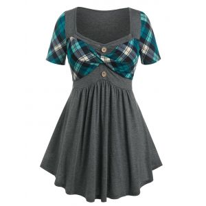 

Plus Size Plaid Print Twist Front Curved Hem T-shirt, Deep green