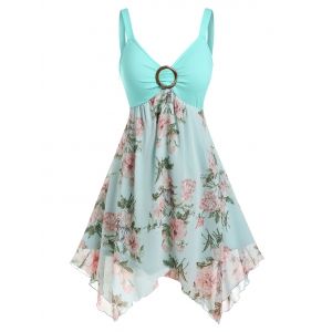 

Plus Size Flower Handkerchief Ring Backless Tank Dress, Light blue