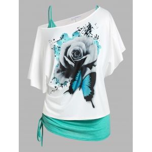 

Plus Size Skew Neck Floral Butterfly Print Tee and Cinched Tank Top Set, Green