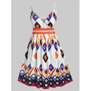 

Plus Size Geometric Print Vacation Surplice Dress, White