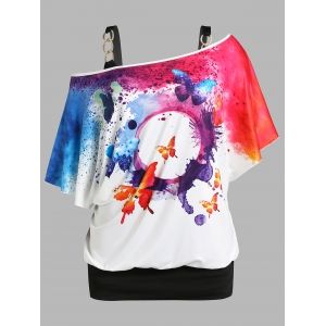 

Plus Size Butterfly Splatter Paint Print Skew Neck Tee and Tank Top Set, White