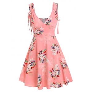 

Flower Print Cinch Tie Strap Flare Dress, Light pink
