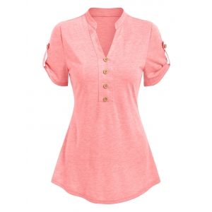 

Short Sleeve Mock Button Heathered T-shirt, Light pink