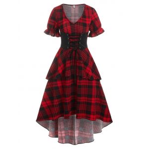 

Plaid Print V Neck Layered High Low Dress, Deep red