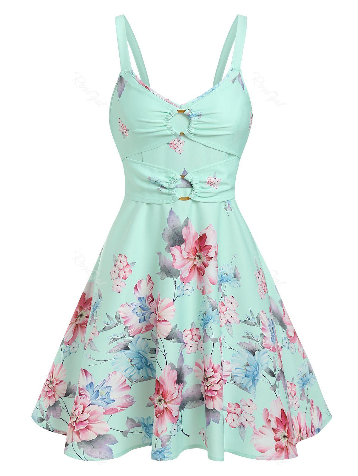 Flower Printed O Ring Mini Dress 28 Off Rosegal