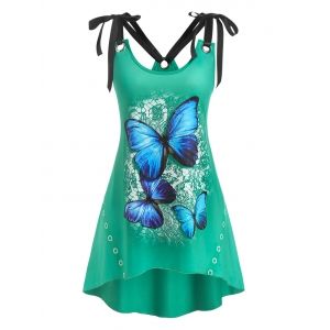 

Plus Size Butterfly Print Tie Shoulder Irregular Tank Top, Green