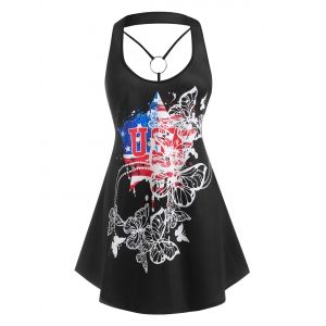 

Plus Size O Ring Butterfly American Flag Print Flowy Tank Top, Black