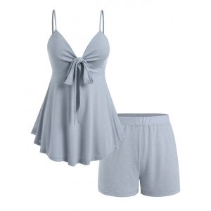 

Plus Size Front Knot Top and Shorts Pajamas Set, Light gray