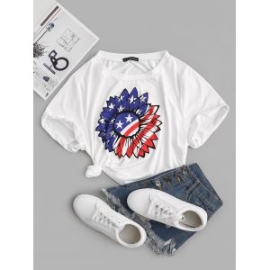 

Plus Size American Flag Sunflower Cuffed T-shirt, White