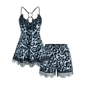 

Plus Size O Ring Lace Insert Leopard Print Shorts Pajamas Set, Blue