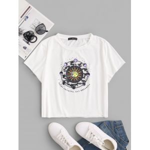 

Plus Size Sun Moon Print Raw Hem T-shirt, White