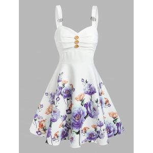 

Sleeveless Flower Print Button Ruched Dress, White
