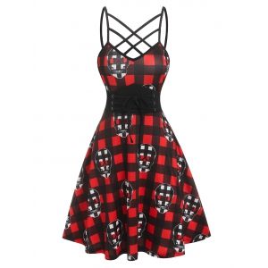 

Crisscross Plaid Skull Print Dress, Black