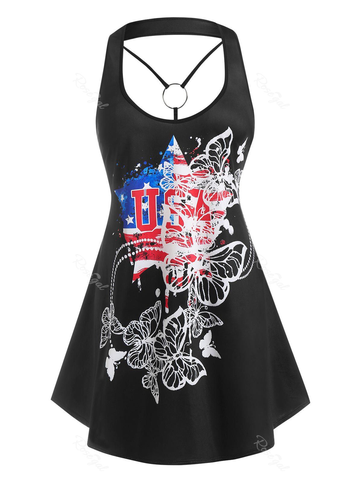 Cheap Plus Size O Ring Open Back Butterfly American Flag Print Flowy Tank Top  