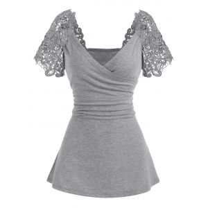 

Raglan Sleeve Guipure Insert Surplice T Shirt, Light gray
