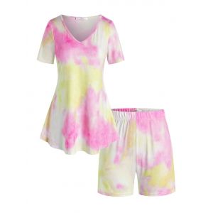 

Plus Size Lounge Tie Dye V Neck Shorts Set, Light pink