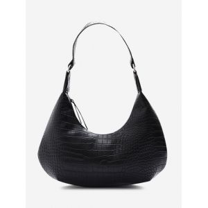 

Embossed Curved Wide Strap Shoulder Bag, Black