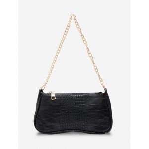 

Embossed Solid Chain Shoulder Bag, Black