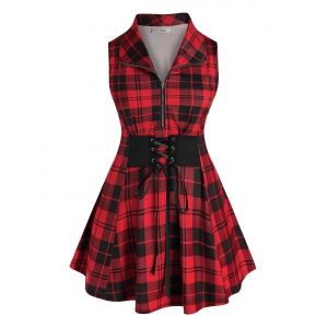 

Plus Size Plaid Lace-up Zip Sleeveless Tunic Blouse, Red