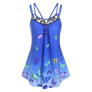 

Lace Panel Butterfly Print Tank Top, Blue