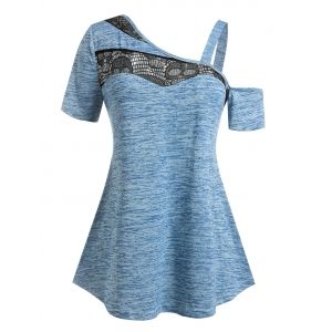 

Plus Size Lace Panel Space Dye Open Shoulder Cutout Tee, Light blue