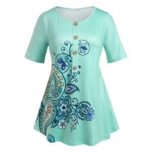 

Plus Size Mock Button Paisley Print Tee, Light green