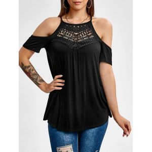 

Lace Insert Cold Shoulder Flare T-shirt, Black